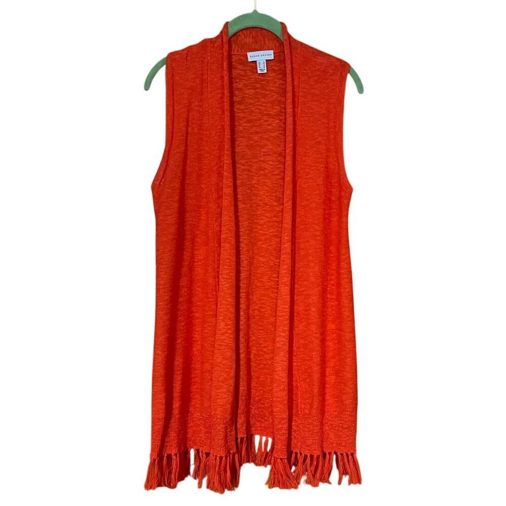 Susan Graver Size Small Salmon Orange Linen Cotton Sweater Open Vest Fringe